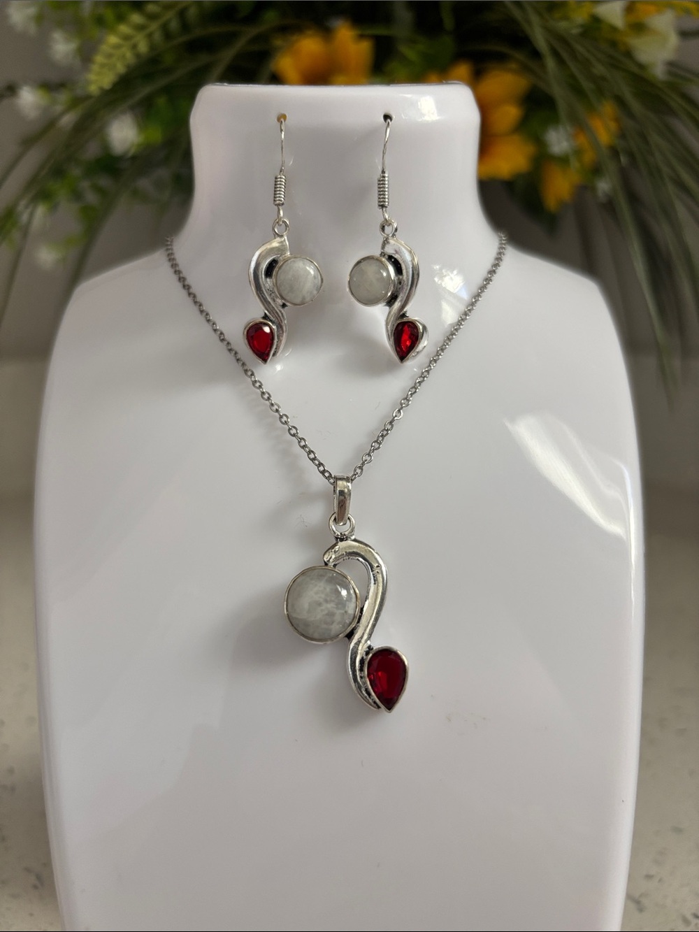 Rainbow Moonstone & Garnet Artisan Handcrafted Gemstone Necklace & Earrings Set